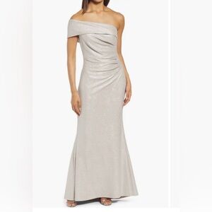 Eliza J One-Shoulder Silver Gown